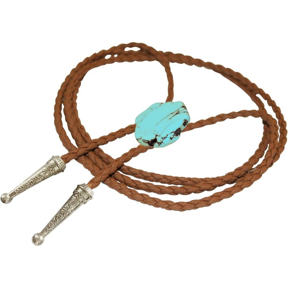 Silver Bolo Tie Unisex Brown Cord with Turquoise Stone Handmade for Weddings - Picture 4 of 6